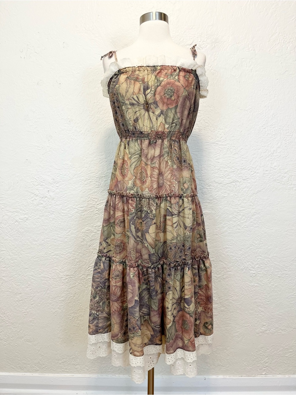 Vintage Dress Midi Floral Cottagecore Farmhouse Boho Prairie Mauve Beige S/M - Picture 3 of 14